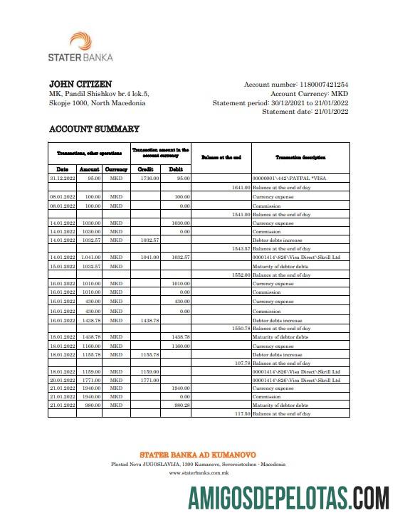 Modelo realista de extrato bancário Stater Banka da Macedônia do Norte em Excel e PDF